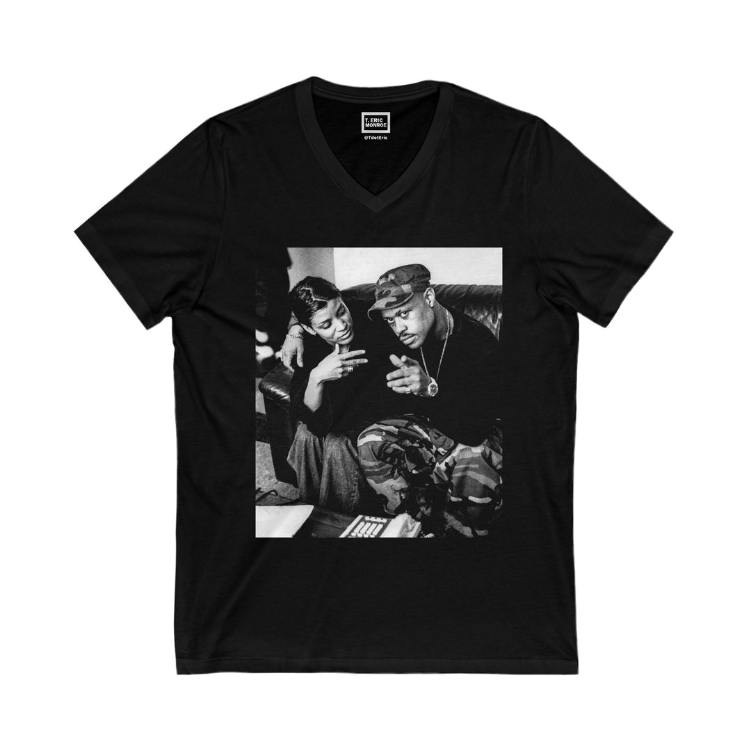 Guru (Gangstarr) & Ladybug Mecca  Women’s Short Sleeve V-Neck (black t-shirt)
