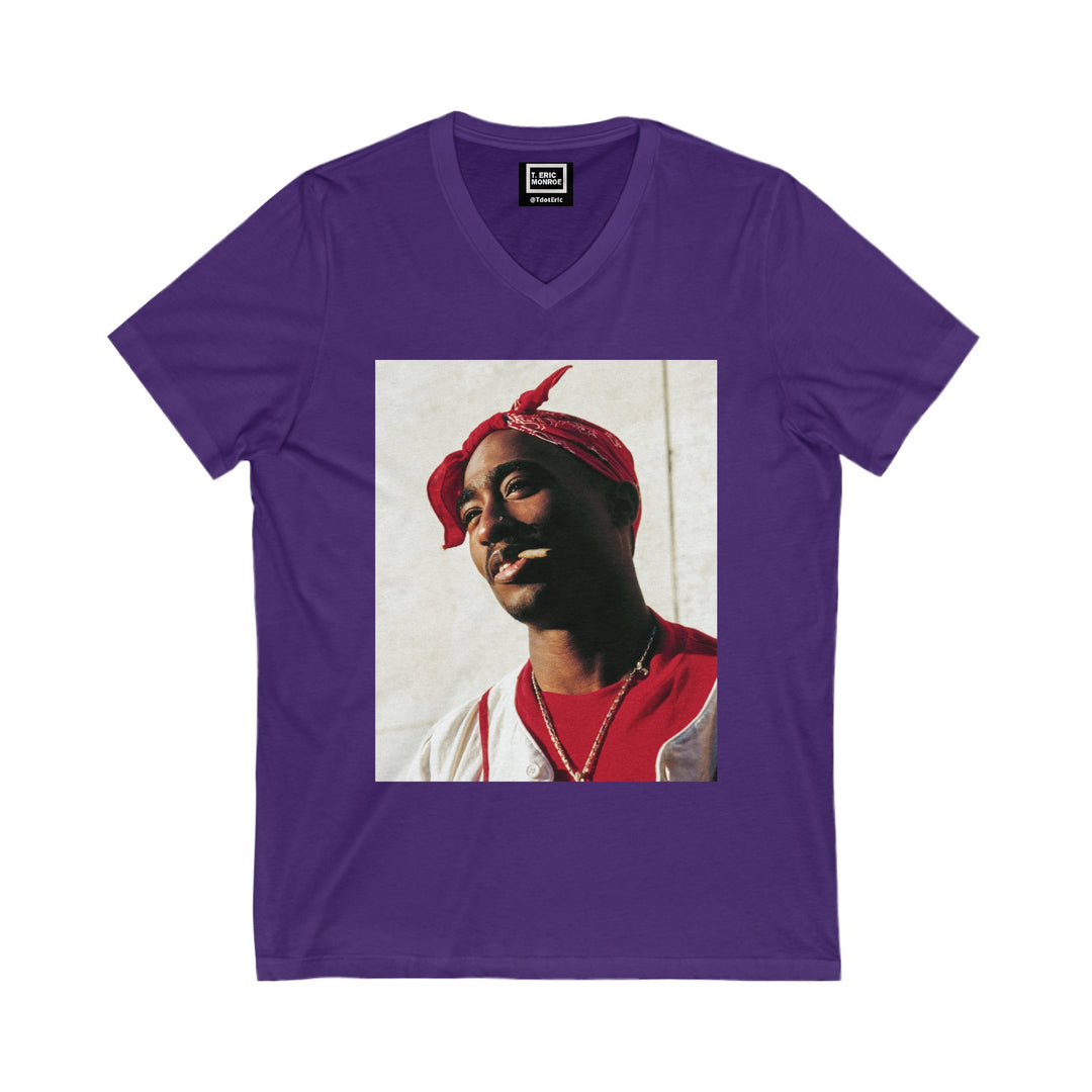 Tupac Shakur Blunt Smile Women’s Short Sleeve V-Neck Tee